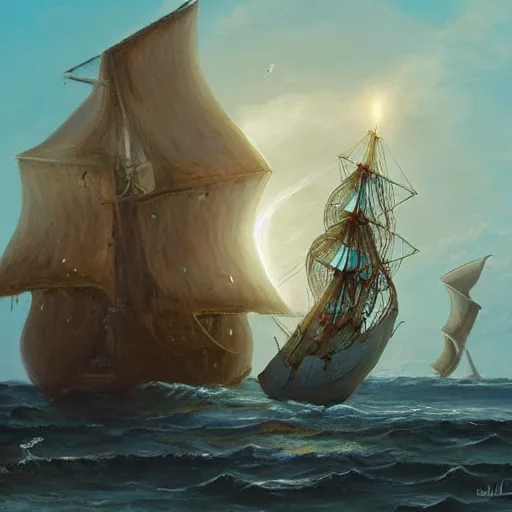 Image similar to an ancient sailing ship off the shore of a beautiful coastline with an omenous biopunk tower with glowing lights rising in the distance, painting by John Berkley