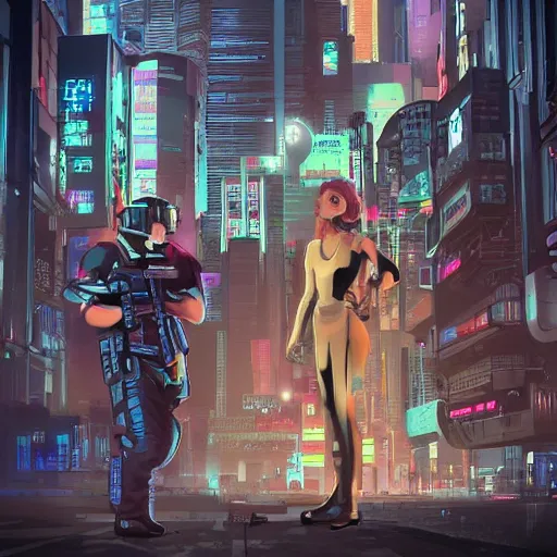 Image similar to realistic, symmetrical, cyberpunk city, man and women in love in a gunfight with robot police. @ philosorapper! dream realistic, symmetrical, cyberpunk city, man and women in love in a gunfight with robot police.