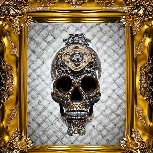 Image similar to a portrait of a beautiful ornate and intricate rococo skull with diamonds as eyes and with silver and gold details and diamonds inside a rococo frame, 4k, octane render, vray, unreal engine, photorealistic