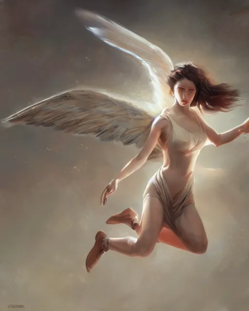 Image similar to woman turning into an angel levitating off the ground, by randy vargas and by bayard wu, art station, smooth, focus