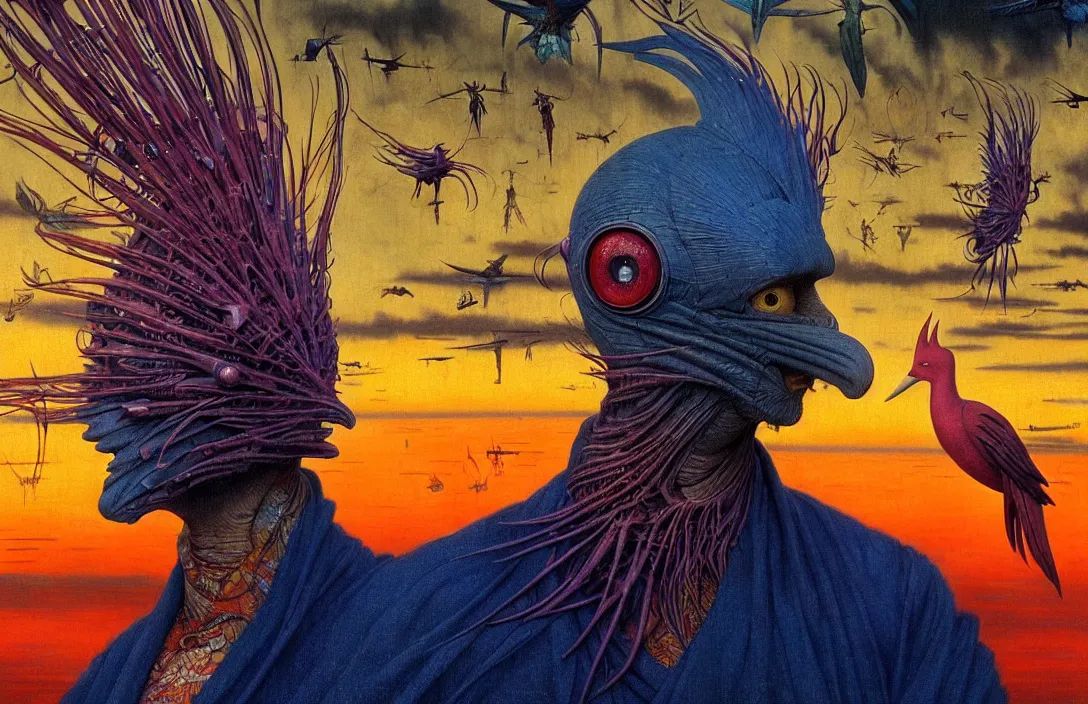 Image similar to realistic detailed portrait movie shot of a birdman wearing dark ragged robes, futuristic city sunset landscape background by denis villeneuve, amano, yves tanguy, alphonse mucha, ernst haeckel, max ernst, roger dean, masterpiece, deepdream, rich moody colours, bird head, blue eyes, hyperdetailed