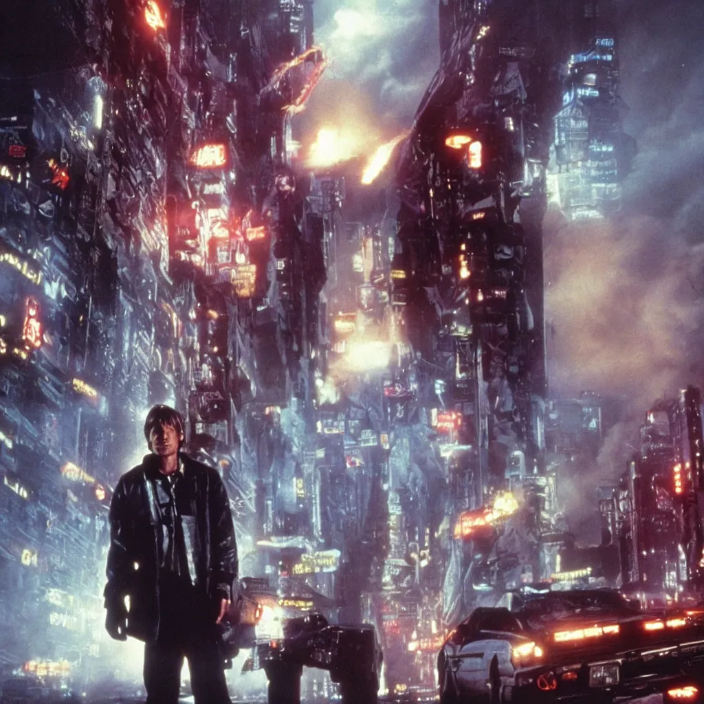 Image similar to back to future marty mcfly near predator in a city like blade runner