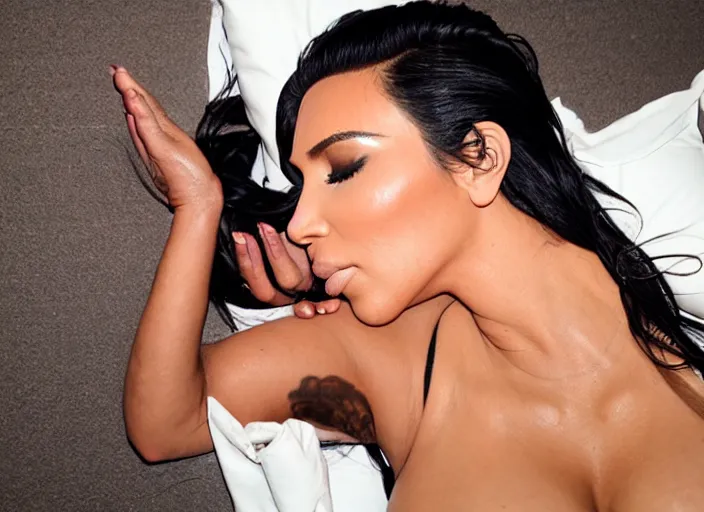 Prompt: photo still full pov of a kim kardashian slumped against a wall unconscious with a alien facehugger on her face, cinematic full shot.