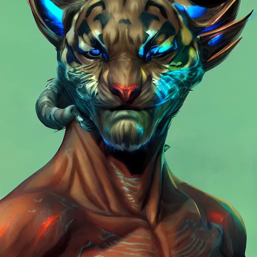 Image similar to exophilia, handsome, tiger alien race, arcana, godlike, harmony artstation