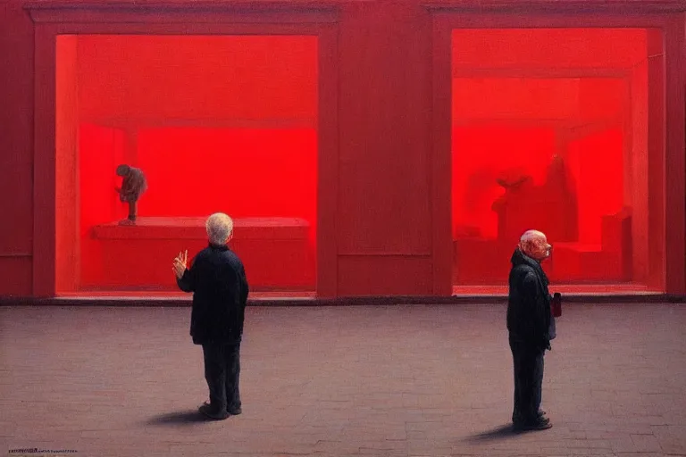 Image similar to only with red, a red old man try to sell a portrait, a crowd cheering, in a city square, in the style of beksinski, parts by edward hopper, parts by rodcenko, parts by yue minjun, intricate and epic composition, red by caravaggio, insanely quality, highly detailed, masterpiece, red light, artstation, 4 k