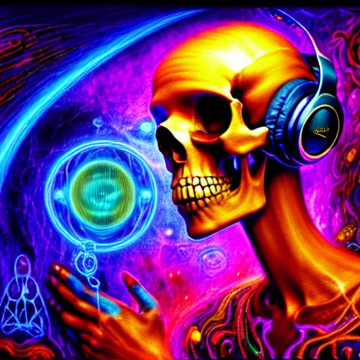 Image similar to portrait of a fantasycore glitchcore deformed skull wearing headphones. intricate abstract. intricate artwork. celestial. prismatic, by josephine wall, pixar, ghibli. octane render, CGSociety very coherent symmetrical artwork. cinematic, hyper realism, high detail, octane render, 8k, holographic accents