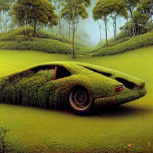 Prompt: hyper realistic painting of an abandoned Supercar covered with moss, an Australian summer landscape, by Zdzislaw Beksinski