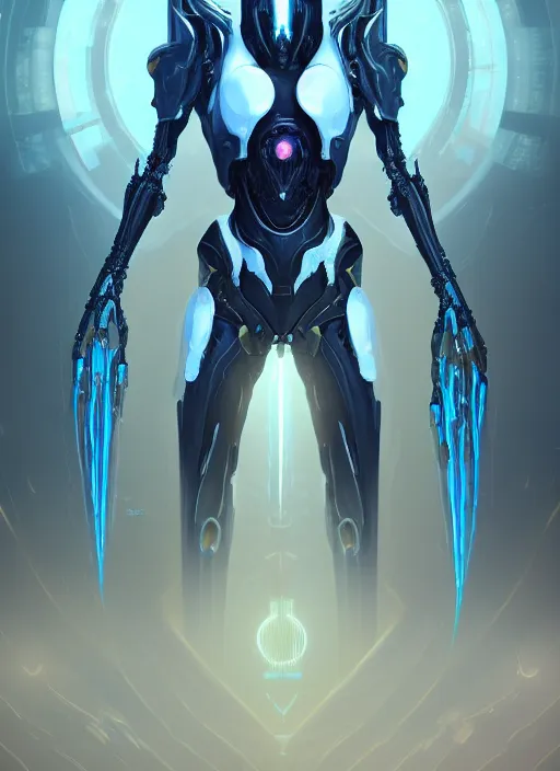 Image similar to benevolent cyborg necromancer, scifi, futurism, alien room background, white, blue, gold, protoss, warframe, highly detailed, trending on artstation, soft light, sharp edges, illustration, spiritual, technology, character design, art by vitaly bulgarov and nivanh chanthara