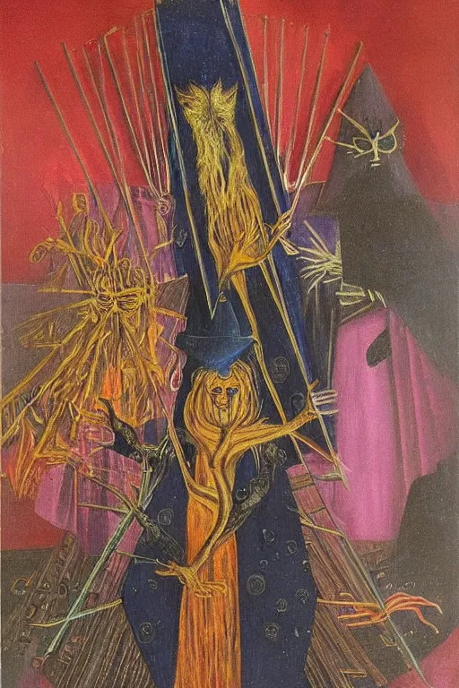 Prompt: a masterpiece painting of a tarot card intricate of the wizard by Remedios Varo, dayglo pink and blue