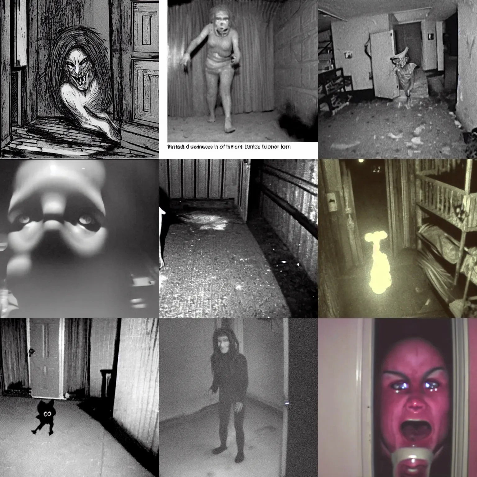 Prompt: disturbing cctv footage of unidentifiable basement demon, unnerving, terrifying, dimly lit