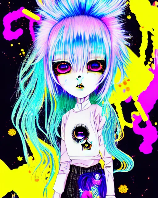 Prompt: neo tokyo japanese anime kawaii decora hologram of rimuru tempest, sky blue hair, golden yellow eyes, wearing black stylish clothing, holography, irridescent, baroque visual kei glitch art, a detailed pencil portrait with watercolor of a beautiful monster high doll, by sabrina eras, alice x. zhang, agnes cecile, blanca alvarez