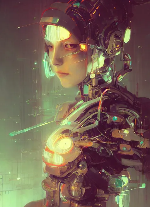 Image similar to surreal painting, by yoshitaka amano, by ruan jia, by conrad roset, by good smile company, by Kilian Eng, detailed anime 3d render of a female mechanical android, portrait, cgsociety, artstation, modular patterned mechanical costume and headpiece, cyberpunk atmosphere