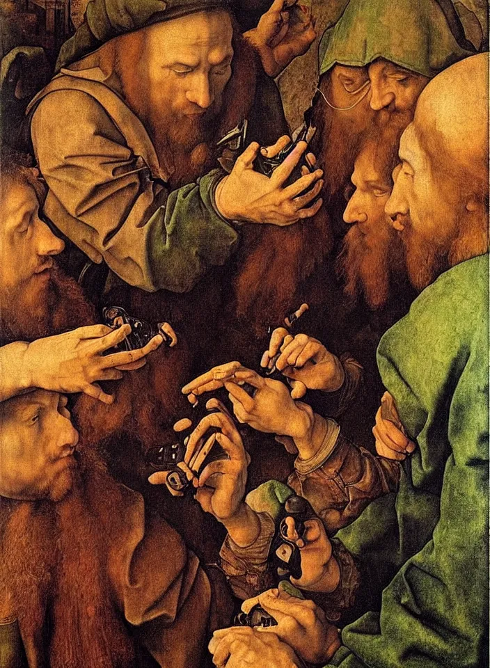 Prompt: Men playing video games. Painting by Albrecht Dürer. Intricate details. hyper realism. Masterpiece.
