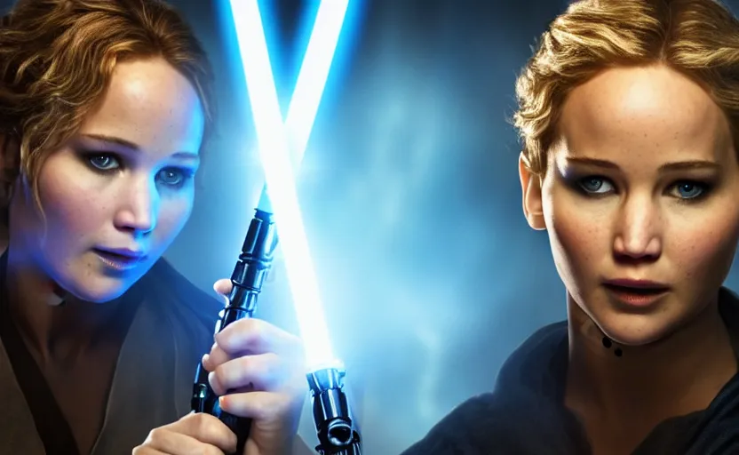 Prompt: jennifer lawrence as a jedi holding up a blue lightsaber, very dark background, official new star wars episode xi movie poster from lucas arts, perfect symmetrical face, full moon, moody lighting, 8 k, shallow depth of field, intricate detail,
