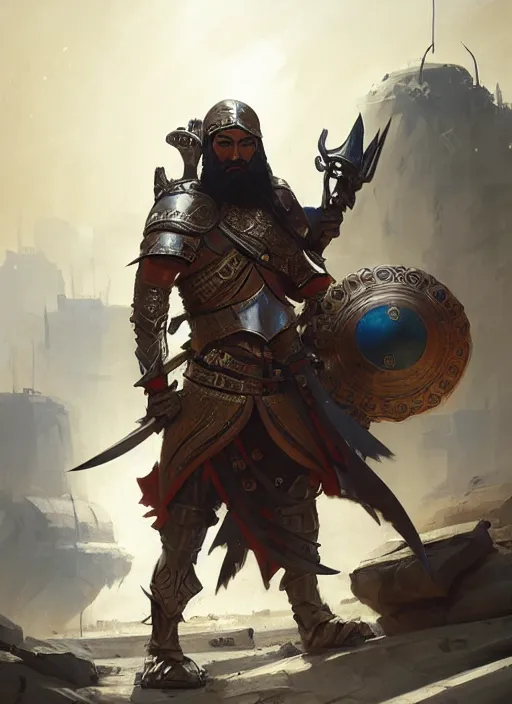 Image similar to epic arabic war commander with mechanical sword and shield highly detailed, digital painting, concept art, smooth, sharp focus, illustration, art by greg rutkowski