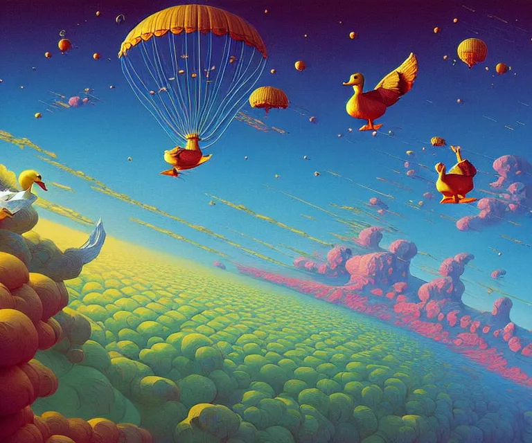 Image similar to hyper detailed 3d render like a Oil painting - a cartoon duck soaring far above the earth into deep space, by Jacek Yerka, Mariusz Lewandowski, Houdini algorithmic generative render, Abstract brush strokes, Masterpiece, Edward Hopper and James Gilleard, Zdzislaw Beksinski, Mark Ryden, Wolfgang Lettl, hints of Yayoi Kasuma, octane render, 8k