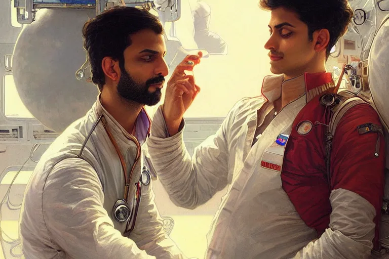 Image similar to Pensive good looking pale young Indian doctors wearing jeans in a space station above Earth, portrait, elegant, intricate, digital painting, artstation, concept art, smooth, sharp focus, illustration, art by artgerm and greg rutkowski and alphonse mucha