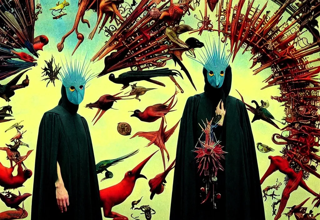 Image similar to realistic detailed portrait movie still of a birdman wearing dark robes, sci fi landscape background by denis villeneuve, amano, yves tanguy, alphonse mucha, max ernst, ernst haeckel, roger dean, masterpiece, rich moody colours, birds, snarling dog teeth