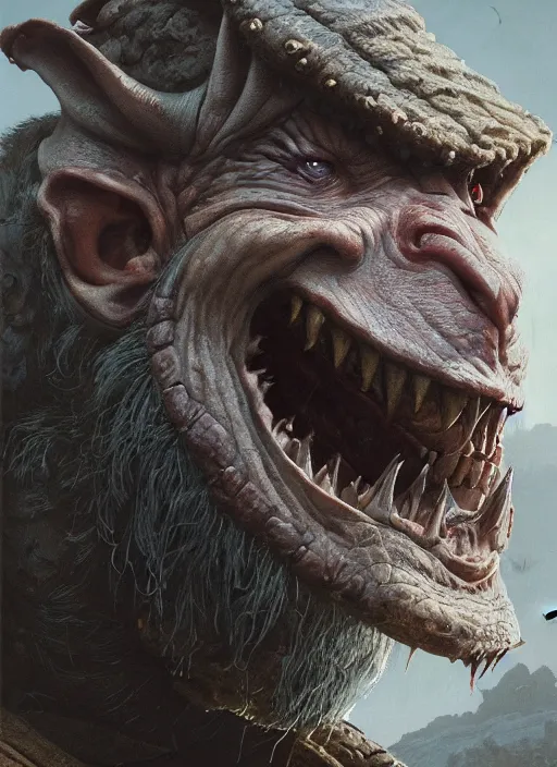 Prompt: highly detailed closeup portrait of an angry medieval goblin, stephen bliss, unreal engine, greg rutkowski, ilya kuvshinov, ross draws, hyung tae and frank frazetta, tom bagshaw, tom whalen, nicoletta ceccoli, mark ryden, earl norem, global illumination, god rays, detailed and intricate environment