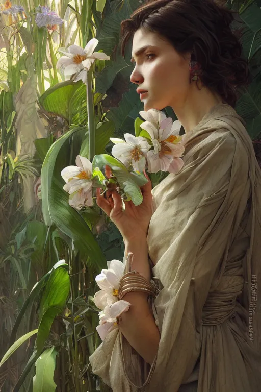 Image similar to ultra realistic illustration, banana plants drawing and flowers, elegant, highly detailed, digital painting, concept art, smooth, sharp focus, illustration, art by greg rutkowski and alphonse mucha