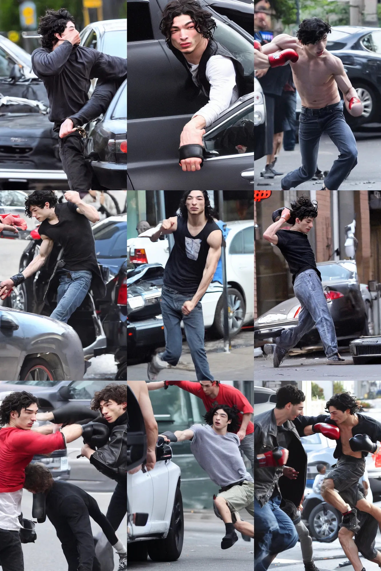 Prompt: paparazzi photo of ezra miller punching a car, 4 k, high quality