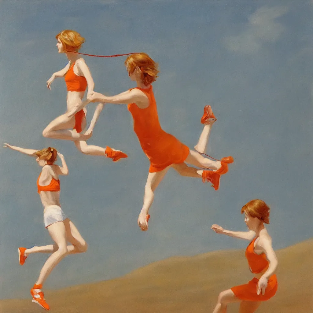 Prompt: oil painting of Tattoed Emma Stone jumping rope and wearing a white tank top in the style of Edward Hopper, predominant colors are red, white, gold and orange