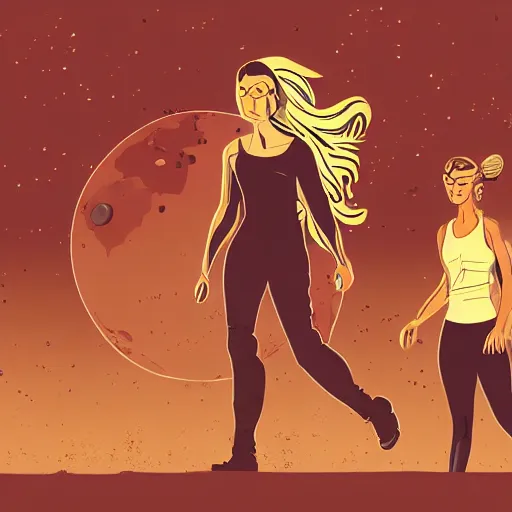 Prompt: smooth detailed vector cutout of retrofuture tattooed stoic heroic emotionless dirty butch blonde woman engineer with very short messy dirty hair, martian dust storm, walking with tall bronze - skinned black - haired hyper - muscular warrior woman, on mars, in dust storm, rough paper, sci fi, behance hd