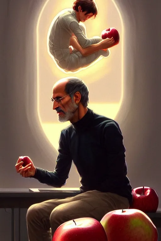 Image similar to ultra realistic illustration, steve jobs sitting on a giant apple, sci - fi, fantasy, intricate, elegant, highly detailed, digital painting, artstation, concept art, smooth, sharp focus, illustration, art by artgerm and greg rutkowski and alphonse mucha