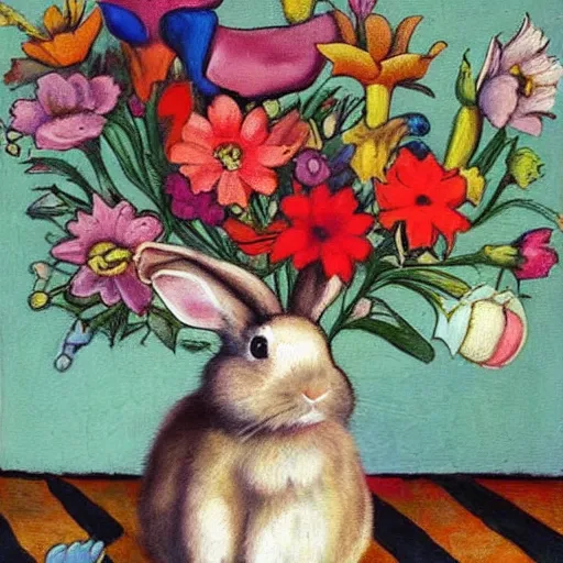 Image similar to The painting is a beautiful and playful work that perfectly encapsulates the artist\'s unique style. The painting features a rabbit made out of ceramic, which is surrounded by brightly colored flowers. The work is both charming and sophisticated, and it is sure to bring a smile to any viewer\'s face. hygge, inverted colors by Hendrick Avercamp, by Matti Suuronen, by Tom Thomson eclectic