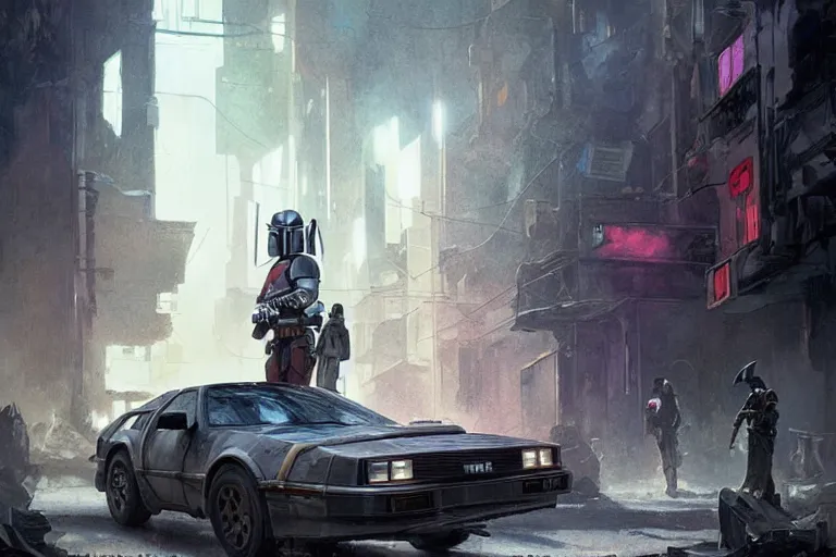 Image similar to photograph of the mandalorian stepping out of a delorean parked down the streets of a cyberpunk abandoned city, doors are open, by greg rutkowski, by stanley artgerm, by alphonse mucha