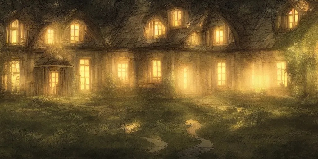 Prompt: manor in the middle of the forest, at night, light flowing through the windows, manga, fantasy