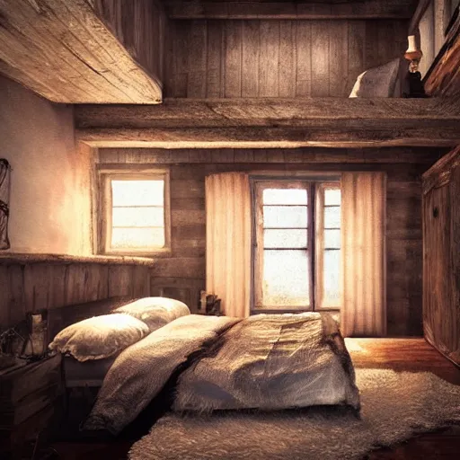 Image similar to cozy rustic bedroom that is dimly lit with a night view of new york in heavy mist, highly detailed, artstation, concept art