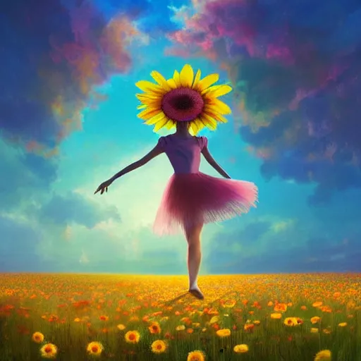 Image similar to giant daisy flower as head, girl ballet dancing in a flower field, surreal photography, sunrise, dramatic light, impressionist painting, colorful clouds, digital painting, artstation, simon stalenhag