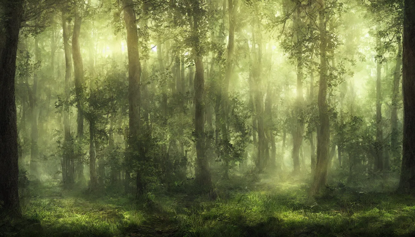 Prompt: a clearing in a forest, digital art, highly detailed, realistic, bright colors, 8 k, trending on artstation, studio lighting