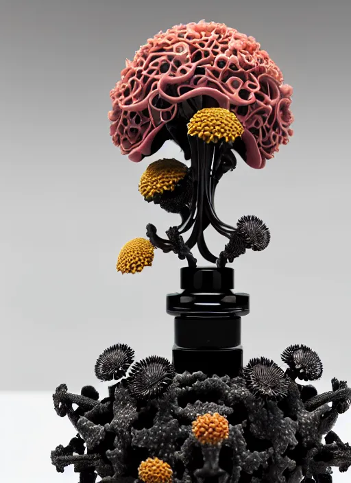 Image similar to perfume bottle standing in a miniature biomechanical black enchanted coral kingdom made of corals, daisies, roses in an ivory room well contoured smooth fair walls, up close shot, sharp focus, global illumination, radiant light, alexandre ferra white mecha, irakli nadar, octane highly render, 4 k, ultra hd,