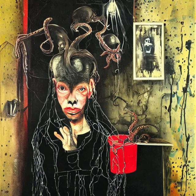 Prompt: a portrait in a dark apartment, rats, a widow holding an octopus, streetlamps, wet, puddles, wild berries, ikebana, neo - expressionism, surrealism, acrylic and spray paint and oilstick on canvas