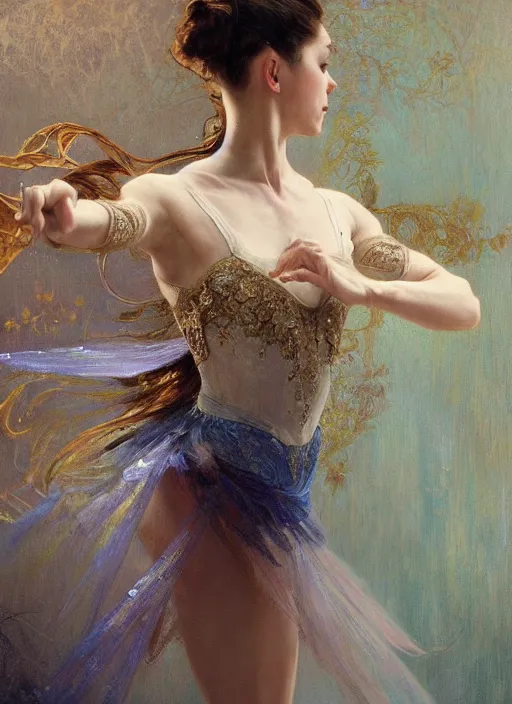 Image similar to a beautifull intricate oil painting of a dancing ballerina, reflexions, verry high details by william turner art, greg rutkowski and alphonse mucha, trending on artstation, very very detailed, masterpiece, muted colors