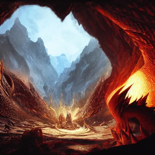 Image similar to The dragon Smaug inside the mountain of Erebor staring at Bilbo Baggins, surrounded by gold and treasure, by Greg Rutkowski