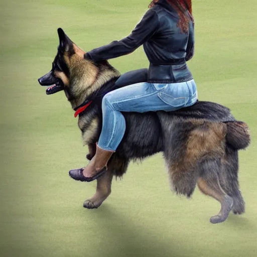 Image similar to girl riding a giant German shepherd in the park, trending on artstation