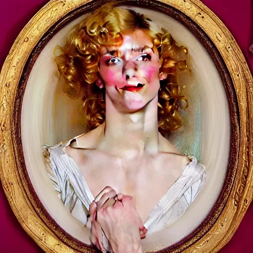 Prompt: beautiful portrait painting of the androgynous pale blond princess Lucius with long curly blond hair, delicate young man wearing a wispy pink silk dress smiling sleepily at the viewer, symmetrically parted curtain bangs, in love by J.C Leyendecker and Norman Rockwell