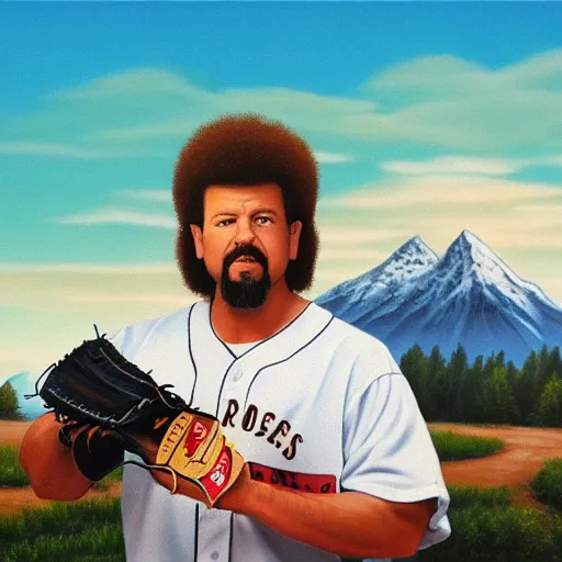 Image similar to a closeup photorealistic photograph of bob ross style kenny powers baseball, painting on canvas. mountains and trees. film still. brightly lit scene. this 4 k hd image is trending on artstation, featured on behance, well - rendered, extra crisp, features intricate detail, epic composition and the style of unreal engine.