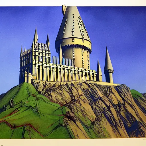 Image similar to Hogwarts castle drawn by Syd Mead