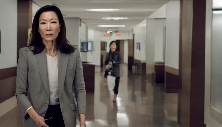 Prompt: michelle yeoh as evelyn wang from everything everywhere all at once ( 2 0 2 2 ) inside irs building, directed by'daniels ', cinematography by larkin seiple, martial arts multiverse movie still