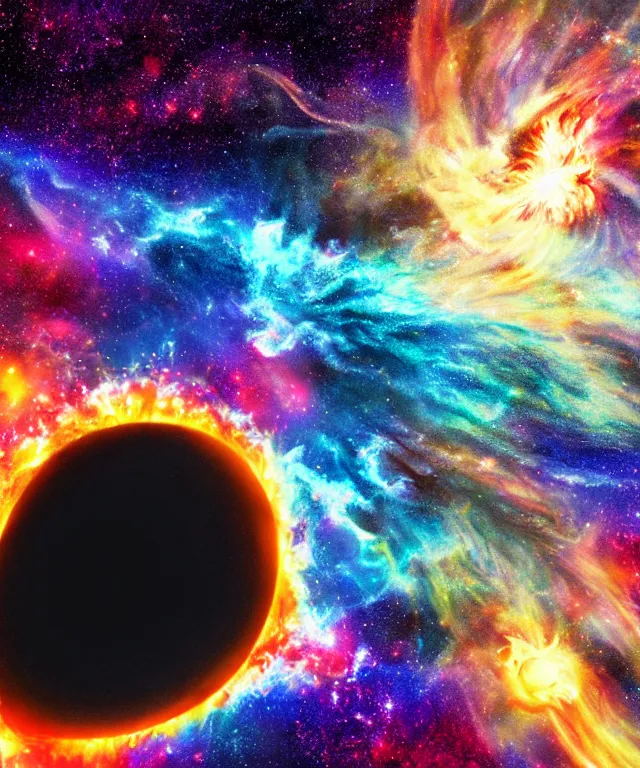 Prompt: black hole, sun, space, photorealistic, bright colors, phoenix flames, nebula clouds, soft tones