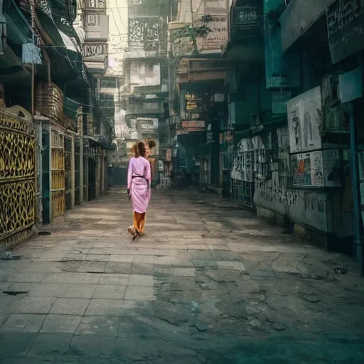 Image similar to Extremely beautiful Naturalist woman walks down the streets of Mumbai, vivid, detailed, cinematic lighting, volumetric lighting, detailed render