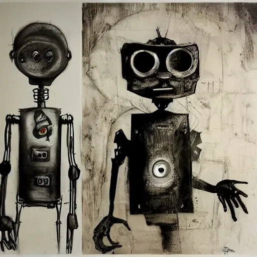 Prompt: robots and cats, art by ernest pignon - ernest, tim burton