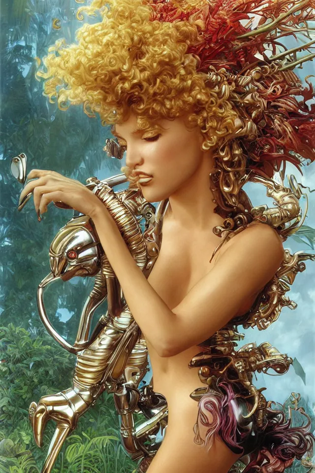 Prompt: an extreme close - up of a chrome cyborg nymph with long fluffy golden blonde curly hair running with a giant flamingo, tropical flower plants, pigmented smoke, by hajime soryama, boris vallejo, artgerm, greg rutkowski, alphonse mucha