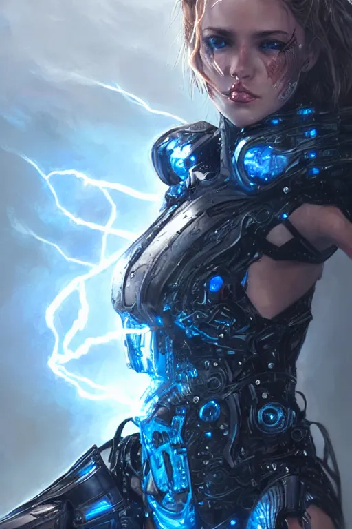 Image similar to Lightning Bikini Armor, cybernetic, digital illustration, trending on artstation, professional art by Seb McKinnon and WLOP and ArtGerm