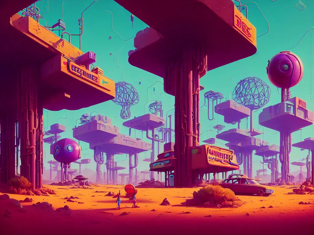 Prompt: 80s outdoor retro arcade, videogames, desolate, desert oasis vegetation:: Simon Stålenhag and beeple and James Gilleard and Justin Gerard :: ornate, dynamic, particulate, intricate, elegant, highly detailed, centered, artstation, smooth, sharp focus, octane render, 3d