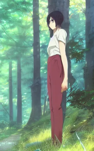 Image similar to anime character in the woods, hyperrealistic, trending on pixiv fanbox, painted by greg rutkowski makoto shinkai takashi takeuchi studio ghibli, akihiko yoshida